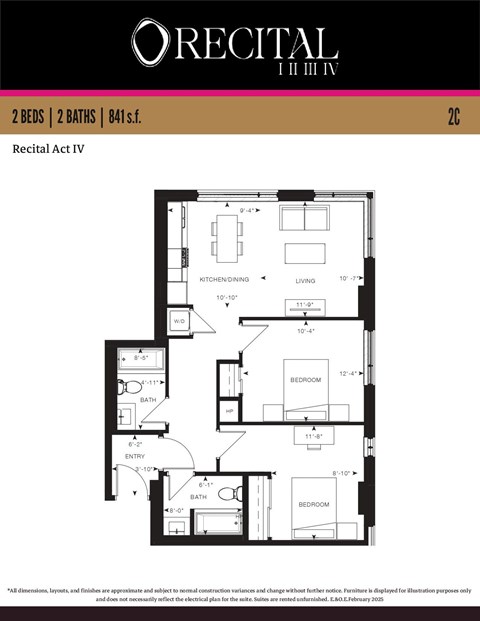 Floor plan for 2 beds, 2 baths, 841 sqft